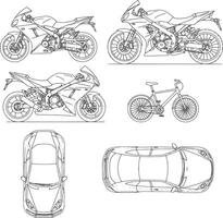 Technical Illustration of Multiple Vehicles in Precise CAD Style Featuring Top, Front, and Side Views of Scooters, Motorcycles, Bicycles, Electric Vehicles, Trucks, Tractors, and Sports Cars vector