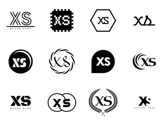 XS logo template. Letter x and s logotype. Set different classic serif lettering and modern bold text with design elements. Initial font typography.