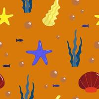 Orange seamless pattern with underwater life objects - shells, starfish, coral, algae vector