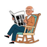 illustration of an elderly man sitting on a rocking chair reading a newspaper. Relaxed senior character in a cozy setting, perfect for retirement or senior life themes vector