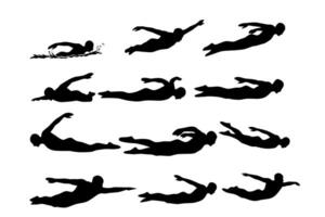 Silhouettes of swimmers performing various swimming strokes in sequence. Black illustration showing dynamic swim poses and aquatic motion for sports or training vector