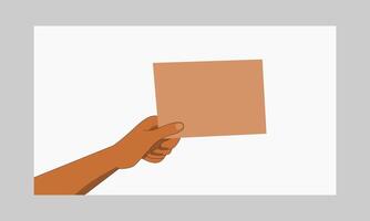 Illustration of a hand holding a blank rectangular paper on a white background, perfect for customizable content, messages, or digital presentations. vector