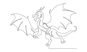 Minimalist one-line drawing of a fierce dragon with large wings, sharp claws, and a powerful stance, created in a continuous sketch style. vector