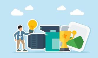 Person holding light bulb and trophy vector