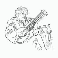 black and white line. Musician Playing Ancient Lute. Historical Musician with Instrument. Man Playing Vintage Instrument. Troubadour with Lute. Cartoon Style Illustration vector