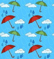 Pattern with umbrellas, drops and clouds vector