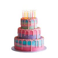 delicioso de três camadas aniversário bolo adornado com colorida camadas, gotejamento geada e aceso velas png