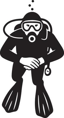 Scuba diver underwater black and white illustration, Submerged diver drawing marine theme