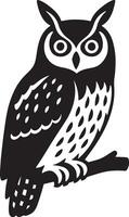 Owl perched on branch stylized black and white, Nocturnal bird silhouette clean drawing vector