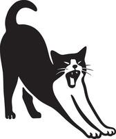 Cat stretching and yawning silhouette black, Relaxed feline pose black and white vector