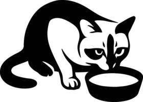 Cat drinking bowl black and white sketch, Pet cat drinking water simple illustration vector