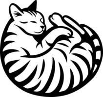 Sleeping cat in circle silhouette design, Curled up kitten minimalist black and white vector