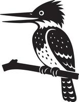 Belted kingfisher silhouette perched on branch, Elegant bird profile drawing vector