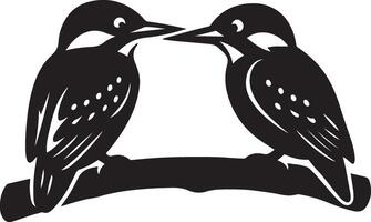 Two kingfishers on branch silhouette drawing, Birds perched elegant black and white vector