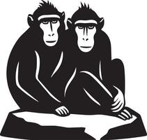 Monkeys on rock black silhouette drawing, Two primates sitting black and white art vector