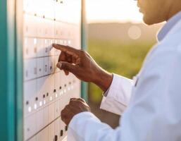 A man in a lab coat is pointing to a computer photo