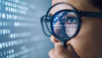 A woman wearing glasses is looking through a magnifying glass at a computer screen photo
