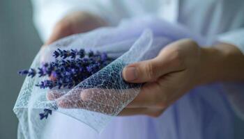 Delicate Hands Holding Lavender Sprigs Wrapped in Soft Tulle Fabric photo