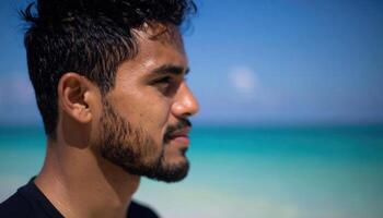 A man with a beard and a black shirt on the beach photo