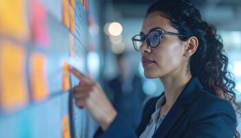 Businesswoman Analyzing Data Strategy with Post-It Notes on Wall photo