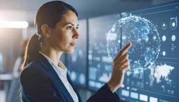 Professional Woman Engaging with Data Visualization in Modern Office Environment photo