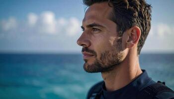 Focused Man by the Ocean with Calm Waves and Bright Sky in Background photo