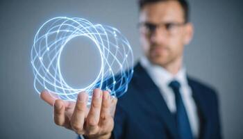 Theoretical Physicist Inspecting a Prototype of a Warp Drive Field Concept photo