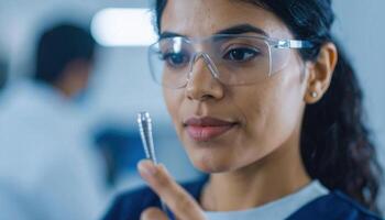 Focused Technician Examining Dental Implant Prototype in Laboratory Setting photo