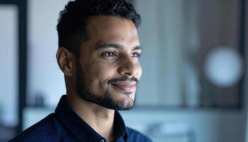 Young Professional Smiling in Modern Office Setting with Natural Light photo