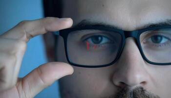 Close-Up of Man Adjusting Glasses with Focus on Lens and Eye Contrast photo