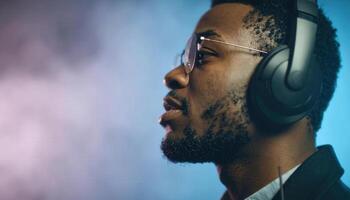 Young Man in Headphones Engaged in AI Audio Enhancement Activities photo