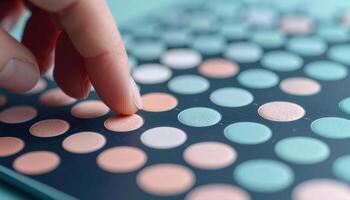 Hand Adjusting Color Dots on a Makeup Palette for a Beauty Tech Showcase photo
