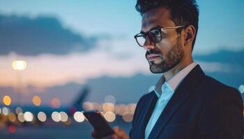 Professional Man Using Smartphone at Dusk near Vertiport Facility photo