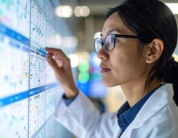 Scientist Analyzing Data on Digital Display in Modern Research Environment photo