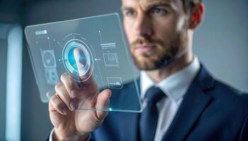 Innovative Engineer Using AI Technology for Talent Scouting in Futuristic Concepts photo