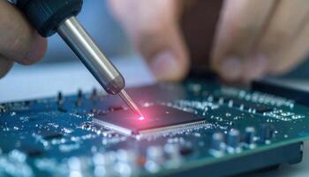 Precise Soldering on Circuit Board with Technician Using Tool for Repairs photo
