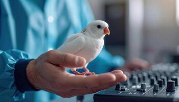 Engineer Adjusting Tuner Settings with Canary on Hand in Studio Setting photo