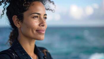 A woman with curly hair looking off into the distance photo