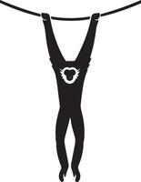 Gibbon hanging from rope silhouette, Playful primate black and white pose vector