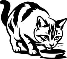 Cat drinking from bowl black and white art, Thirsty cat silhouette clean line style vector