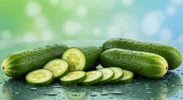 Cucumber with slices on a table with water droplets photo