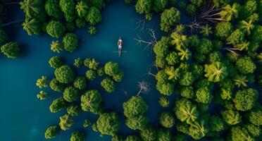 An aerial view of a man on a boat in the middle of a forest photo