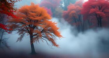 A beautiful autumn scene with trees and fog photo