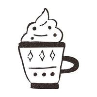 Cup with whipped cream, hand drawn doodle, illustration isolated on white background. Outline sketch style with grunge vintage texture. Mug with sweet winter drink, cafe concept. vector