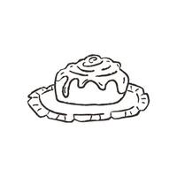 Cinnamon roll on a plate, hand drawn doodle, illustration isolated on white background. Outline sketch style with grunge vintage texture. Sweet baked pastry, cafe and bakery concept vector