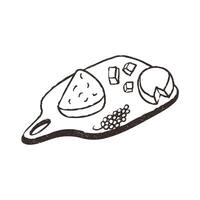 Charcuterie board, hand drawn doodle, illustration isolated on white background. Outline sketch style with grunge vintage texture. Cheese with grapes on cutting board. vector