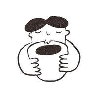 Man holding big cup of coffee, hand drawn doodle, illustration isolated on white background. Outline sketch style with grunge vintage texture. Guy hugs mug, cafe concept. vector