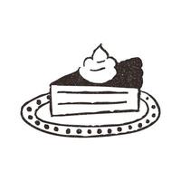 Pumpkin pie slice on plate, hand drawn doodle, illustration isolated on white background. Outline sketch style with grunge vintage texture. Sweet baked pie, cafe concept. vector