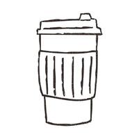 Paper cup for take away coffee or tea, hand drawn doodle, illustration isolated on white background. Outline sketch style with grunge vintage texture. To go beverage, cafe concept. vector