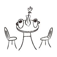 Cafe table with chairs and coffee, hand drawn doodle, illustration isolated on white background. Outline sketch style with grunge vintage texture. Cafe concept. vector